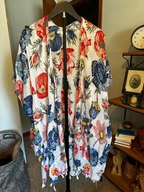 Woven Heart Floral Boho Kimono Cardigan Open Front Fringe Duster Festival OS